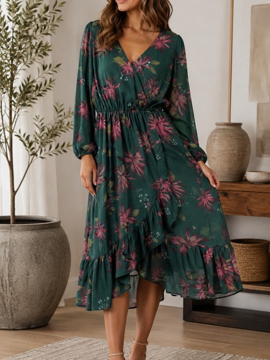 Ava & Viv Dresses & Skirts - Ava & Viv Green Floral Faux-Wrap Midi Dress Cottagecore Boho Romantic